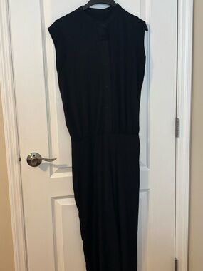 Classic Sleeveless Black Button-Front dance jumpsuit.